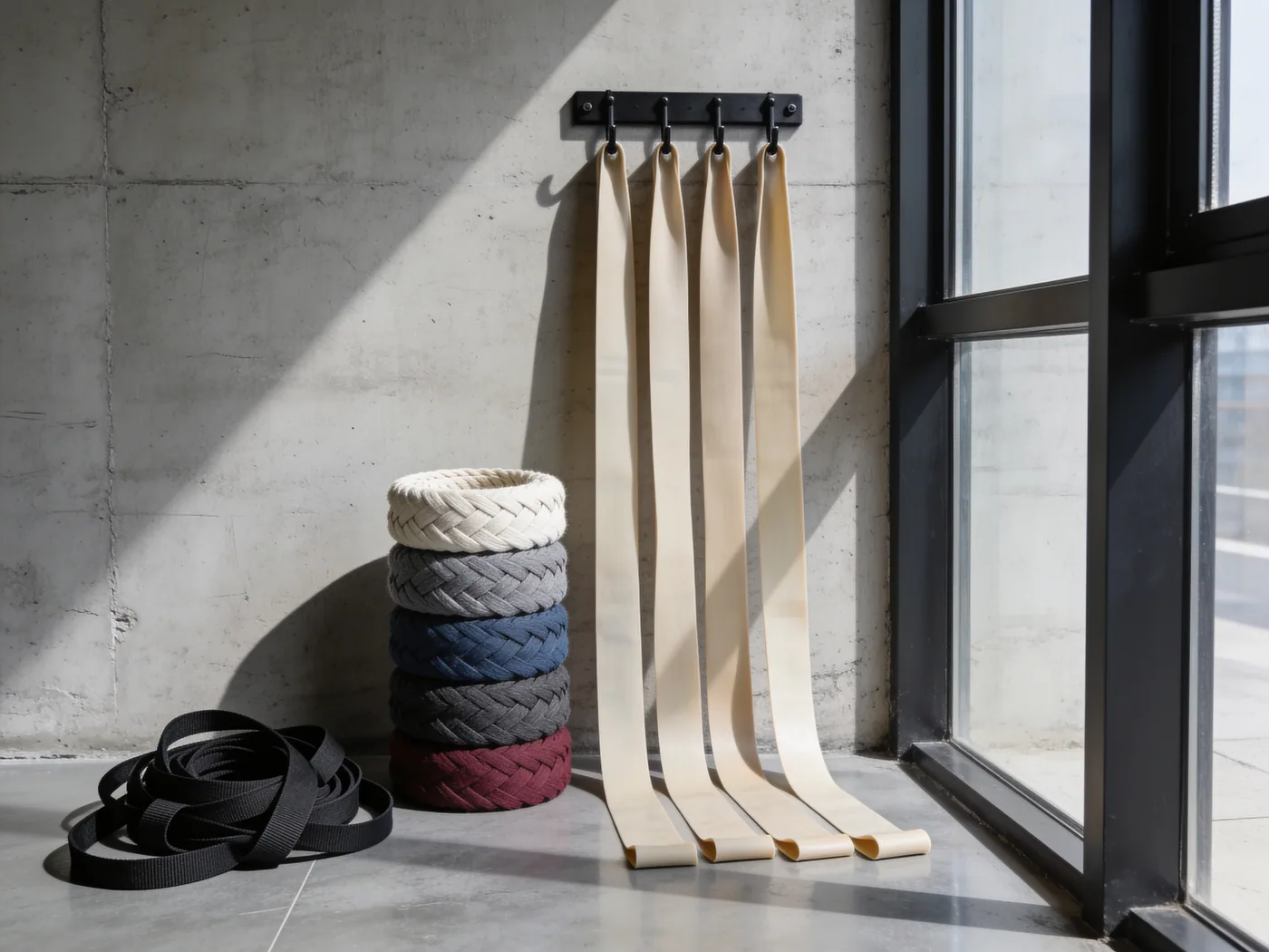 Five woven fabric loops stacked by width beside a coiled latex pull-up band and a numbered stretch strap