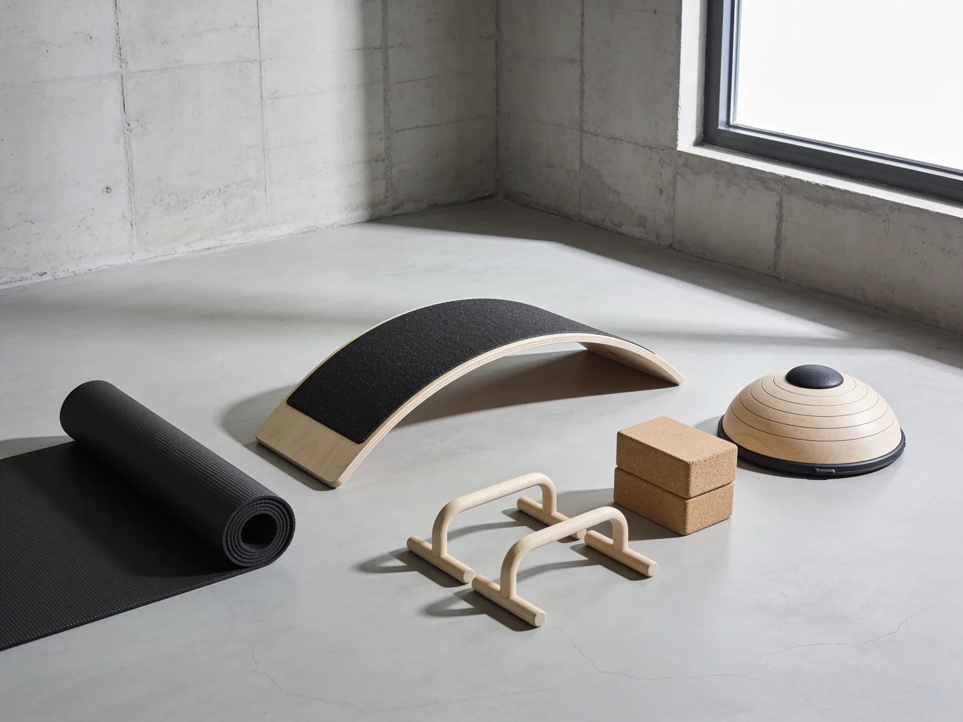 A rolled rubber-topped mat standing on end beside a cork block, a balance pad and a birch slant board