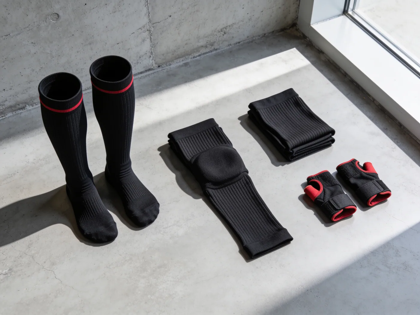 A folded pair of graduated calf sleeves with a knee sleeve and a wrist wrap arranged beside them